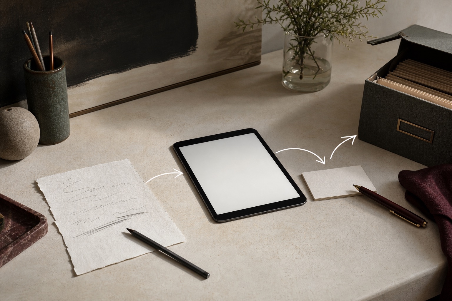 Appunto cartaceo collegato visivamente a un documento digitale, un'azione e un archivio in un flusso ordinato.