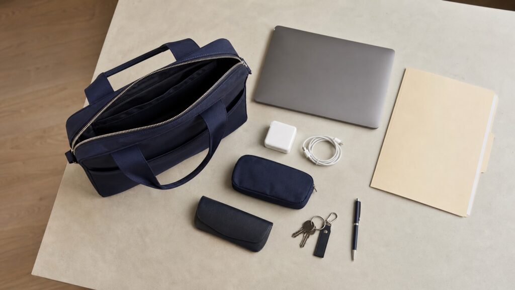 Laptop, documenti, alimentatore e piccoli accessori disposti accanto a una borsa da lavoro essenziale senza marchi.