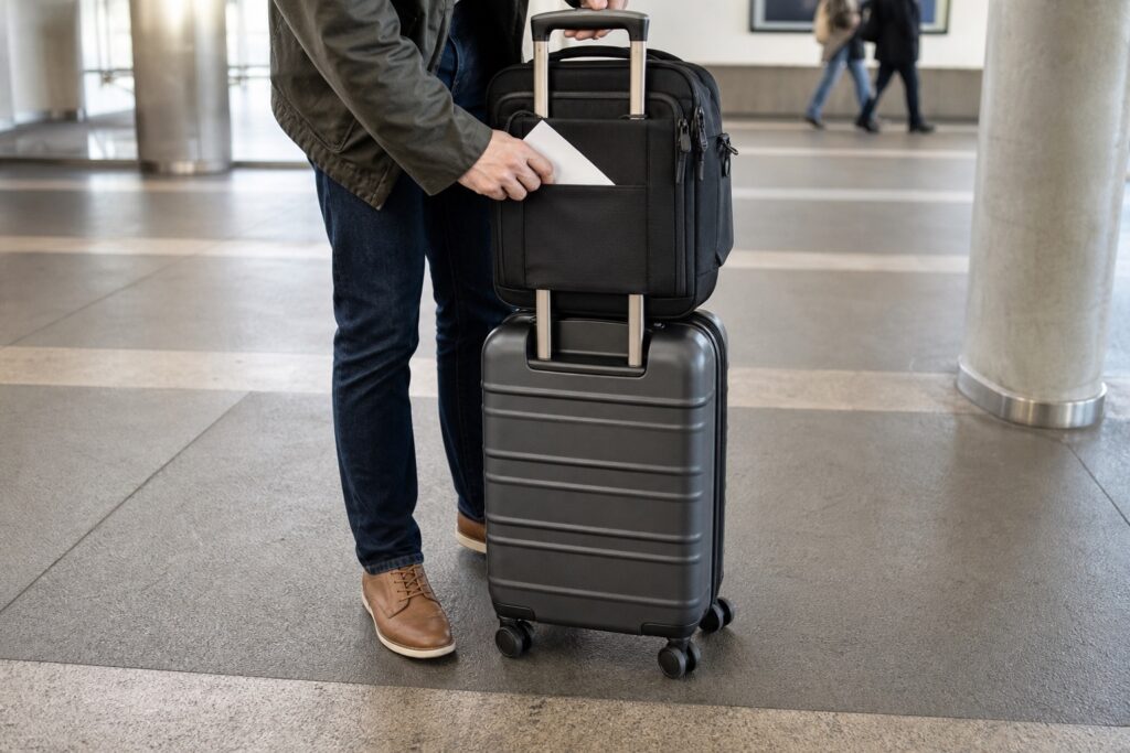 Borsa da lavoro neutra fissata a un trolley durante una prova di stabilità e accesso in uno spazio di transito.