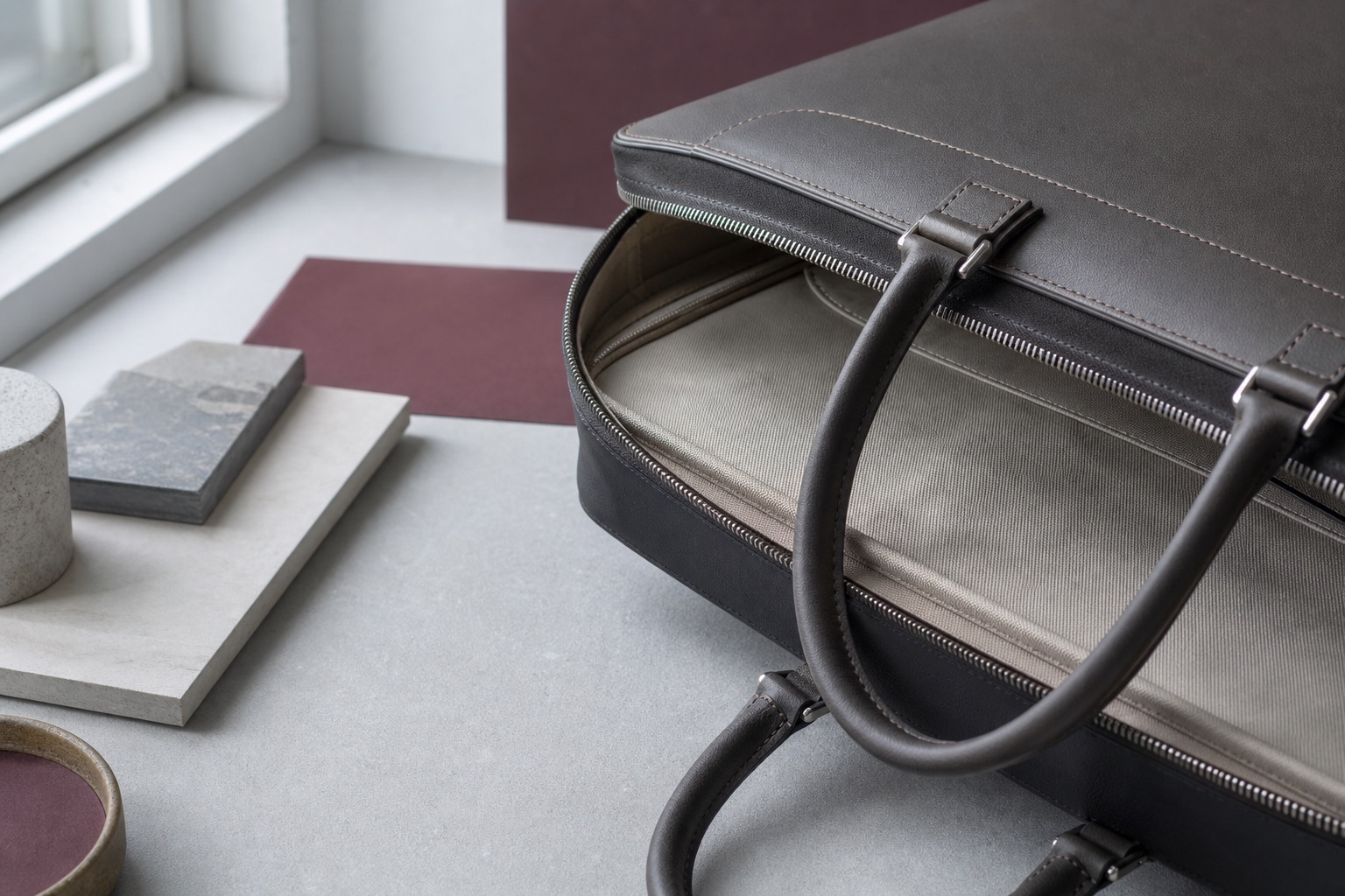 Dettagli ravvicinati di cuciture, bordo, fodera e chiusura osservati su una borsa neutra senza marchio.