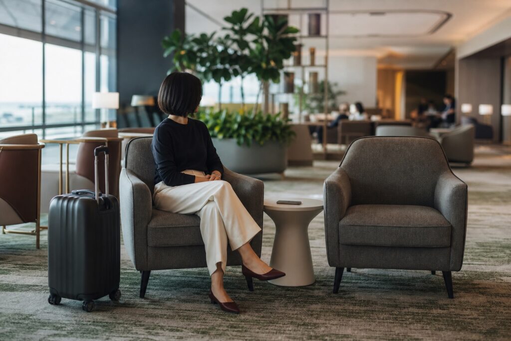 Viaggiatrice professionale in una lounge tranquilla con bagaglio compatto, telefono riposto e spazio condiviso ordinato.
