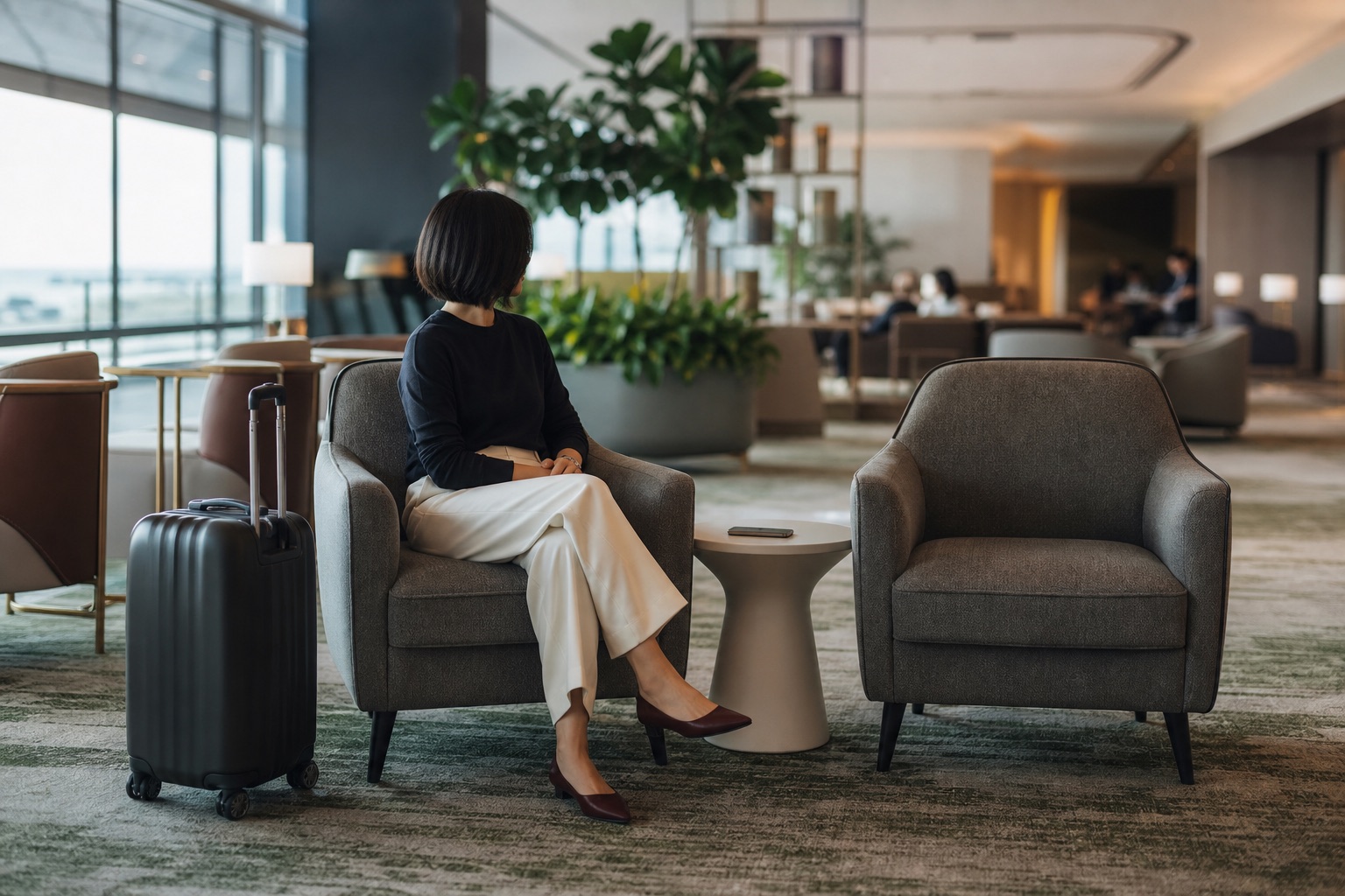 Viaggiatrice professionale in una lounge tranquilla con bagaglio compatto, telefono riposto e spazio condiviso ordinato.