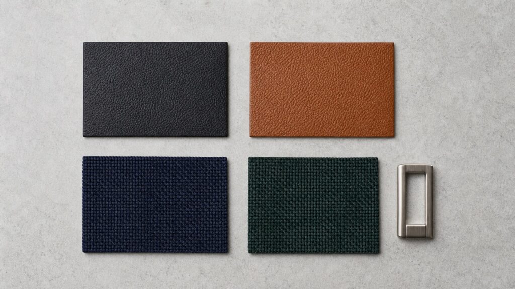 Campioni di pelle e tessuto nei toni nero, cuoio, navy e verde profondo osservati sotto luce naturale diffusa.