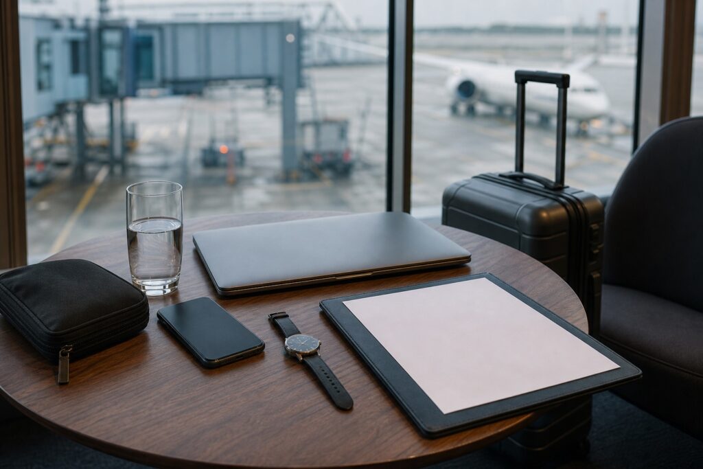 Documenti, laptop e pochi oggetti personali preparati in una zona di accesso rapido prima di una riunione.
