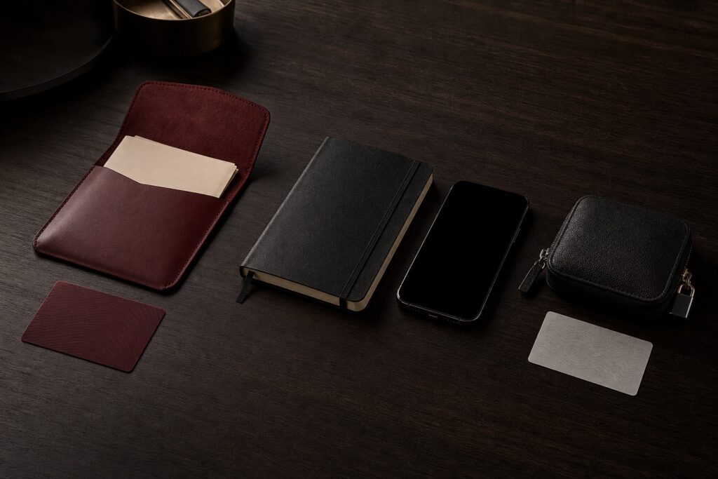 Documenti di viaggio non leggibili, smartphone e custodie separati in tre livelli di accesso su un tavolo.