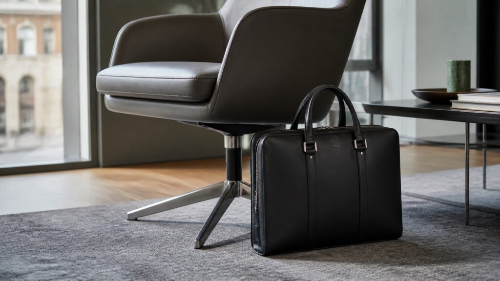 Borsa professionale anonima ripresa vicino a una poltrona da meeting, con geometrie nette e luce naturale.