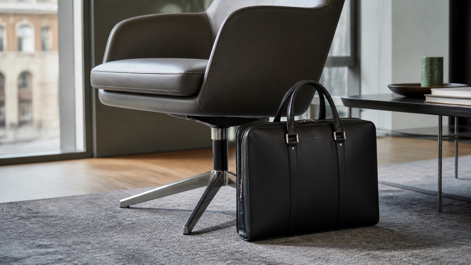 Borsa professionale anonima ripresa vicino a una poltrona da meeting, con geometrie nette e luce naturale.