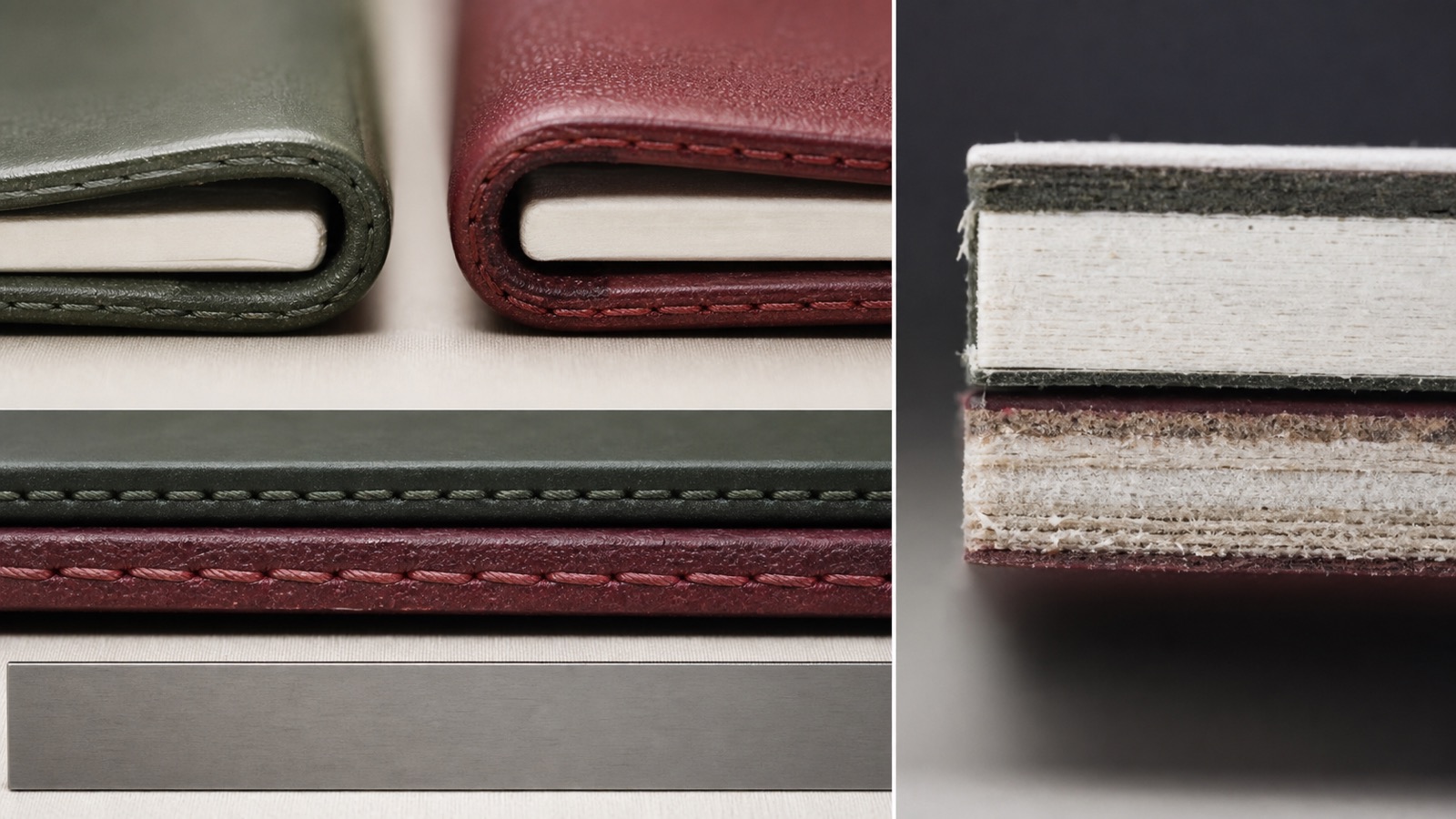 Macrofotografia comparativa di bordo, cucitura e sezione di un accessorio anonimo con scala metrica discreta.