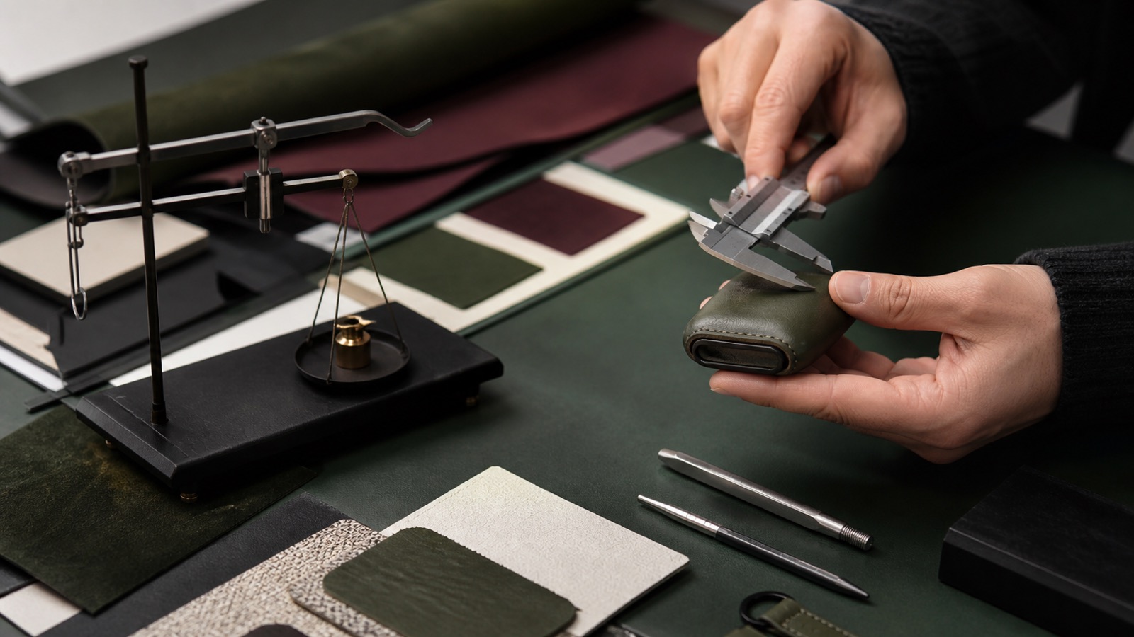 Mani che valutano un accessorio anonimo con bilancia, calibro e appunti di controllo su un tavolo neutro.
