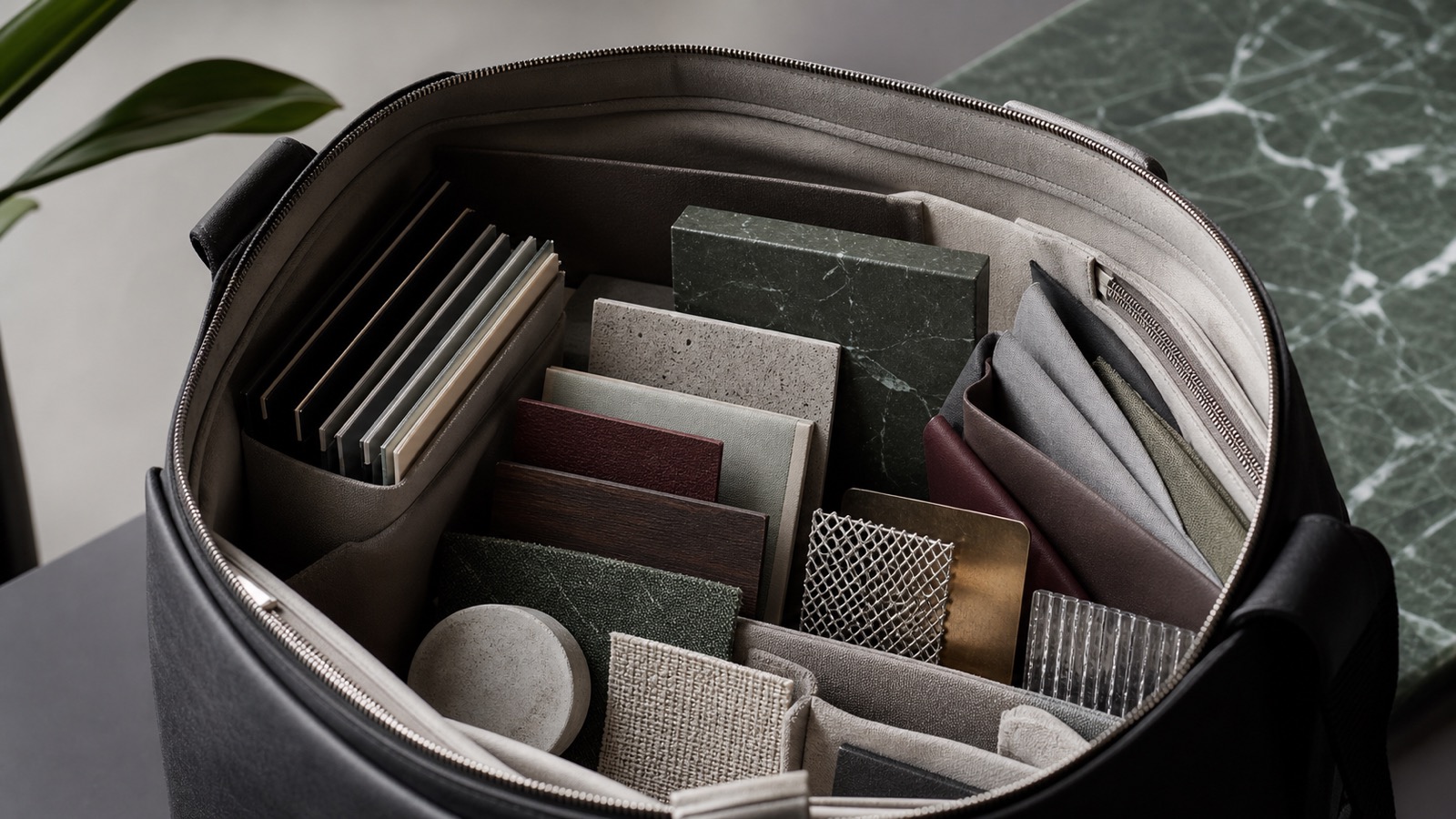 Interno di una borsa anonima aperta con oggetti campione ordinati per frequenza d'uso e luce uniforme.