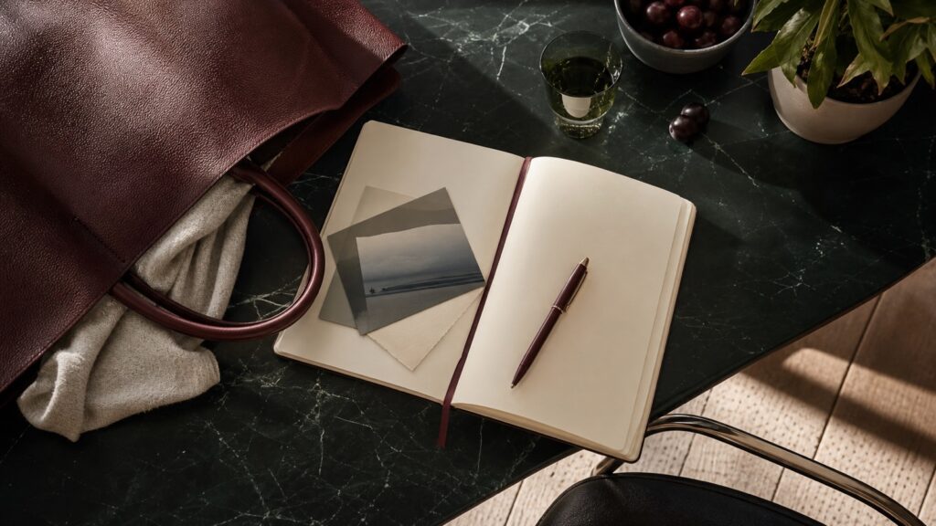 Vista dall'alto di agenda, borsa e scrivania collegate da una singola sequenza di appunti e documenti.