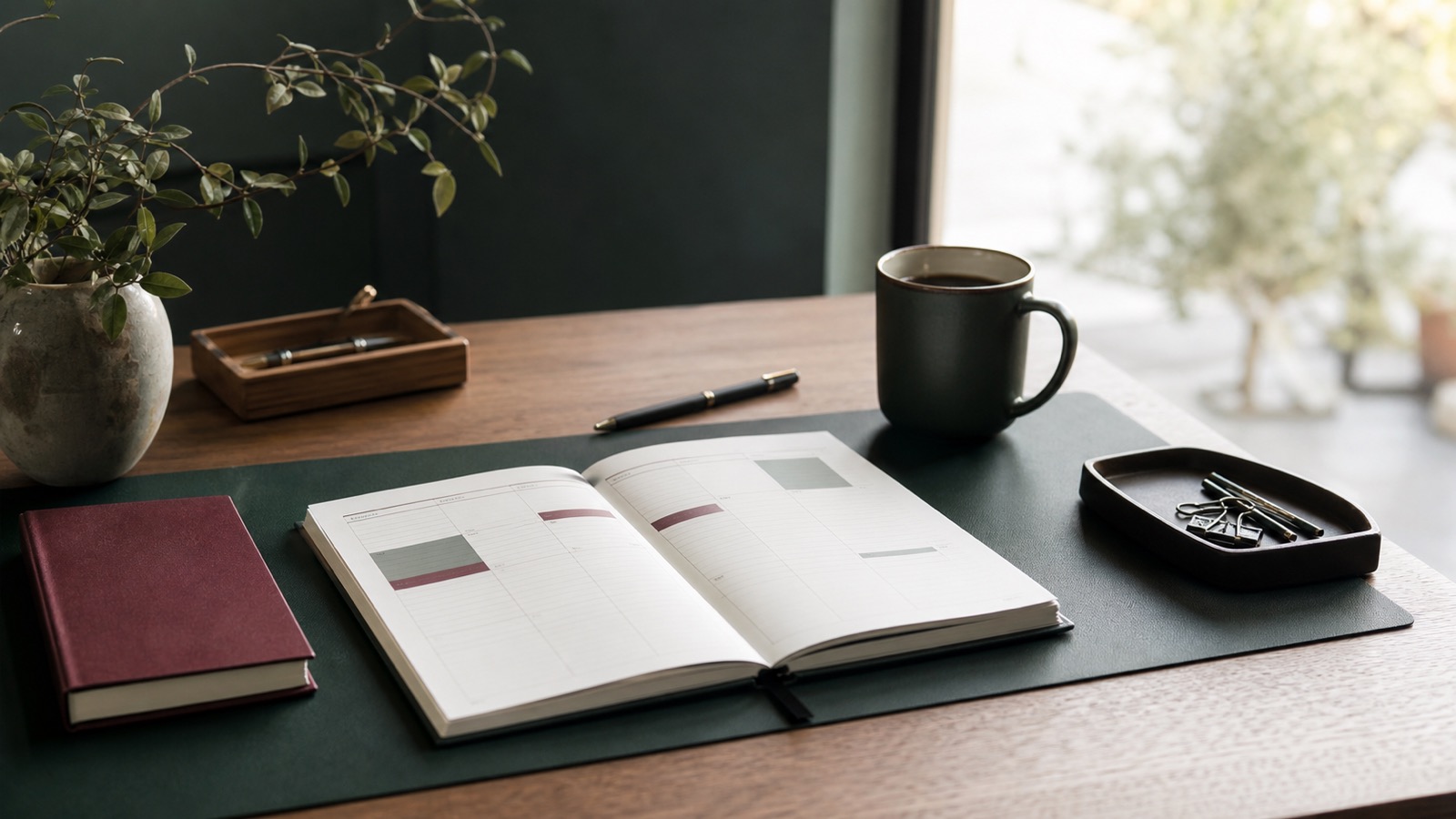 Scrivania del lunedi con calendario settimanale aperto, borsa pronta e pochi materiali essenziali in ordine.