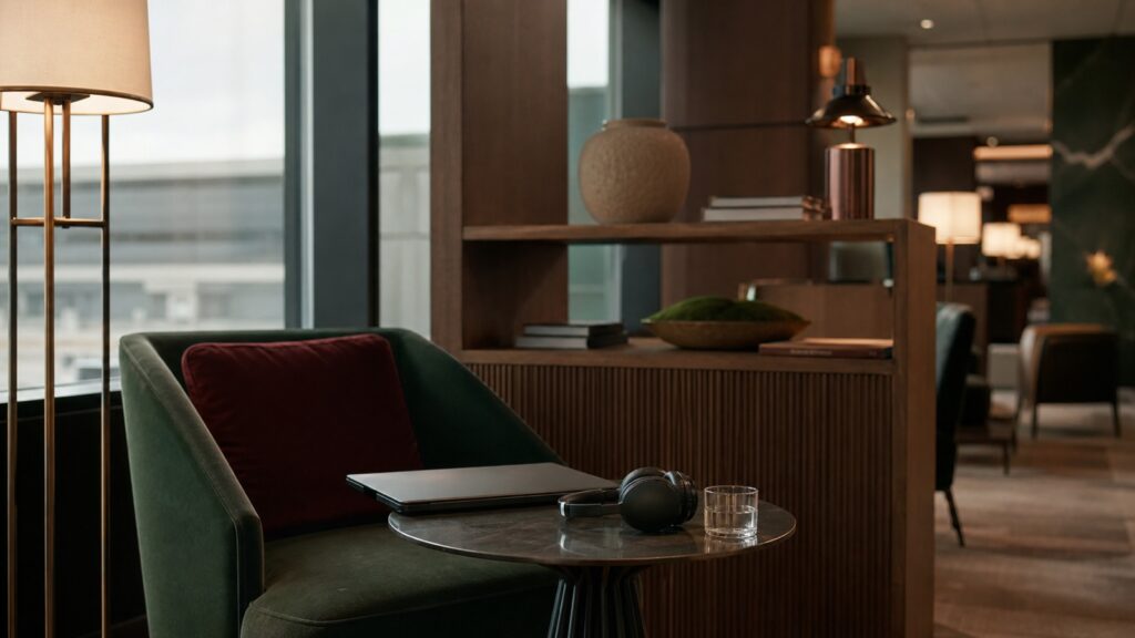 Postazione composta in una lounge tranquilla con borsa chiusa, cuffie riposte e schermo non leggibile.