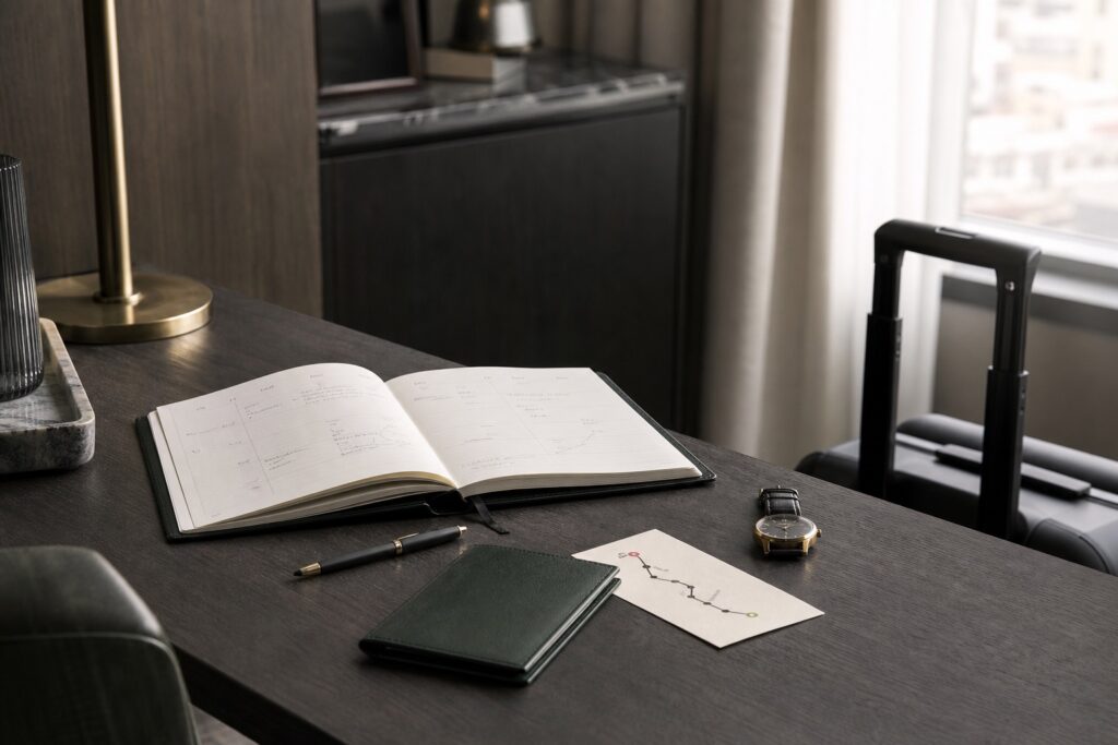 Agenda aperta con itinerario, documento di viaggio e bagaglio professionale pronti per una trasferta.