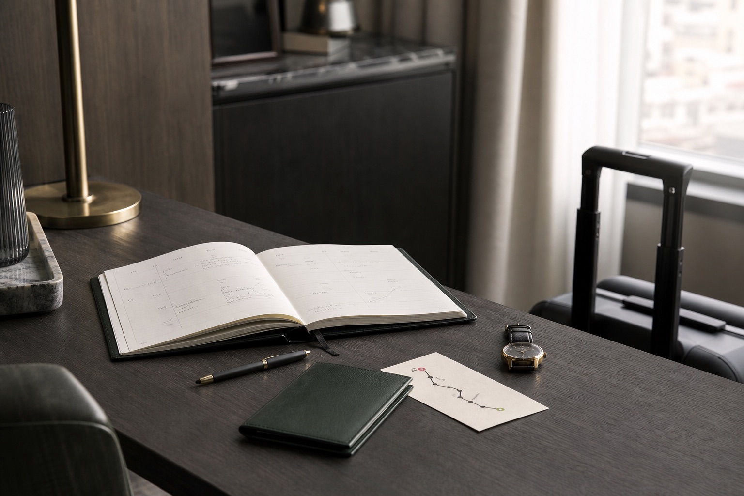 Agenda aperta con itinerario, documento di viaggio e bagaglio professionale pronti per una trasferta.