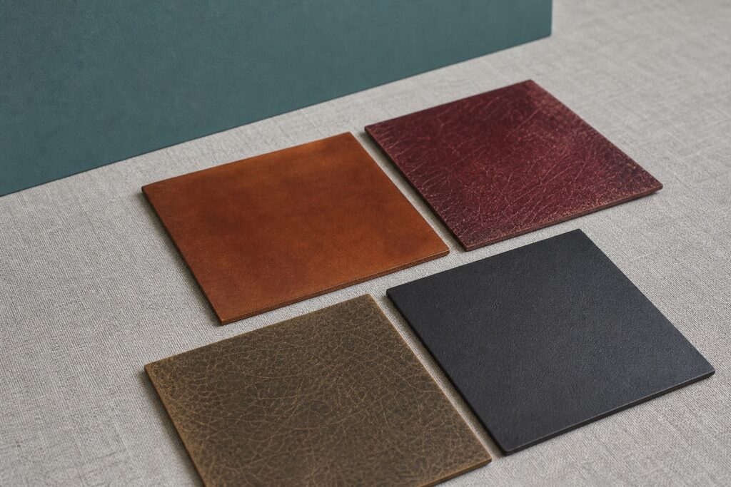 Superfici in pelle con evoluzioni diverse di colore e segni d'uso osservate sotto una luce naturale uniforme.