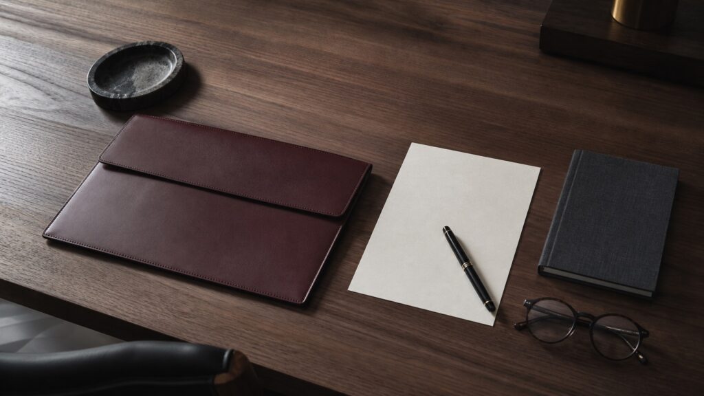 Tavolo da lavoro in legno scuro con taccuino, penna, occhiali e portadocumenti sobri disposti con ordine.