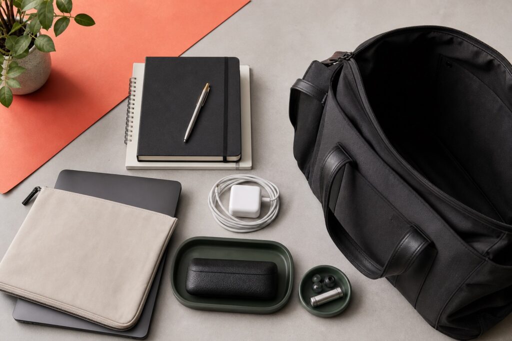 Contenuto di una borsa da lavoro disposto in nucleo stabile, modulo variabile e zone di accesso su un piano neutro.