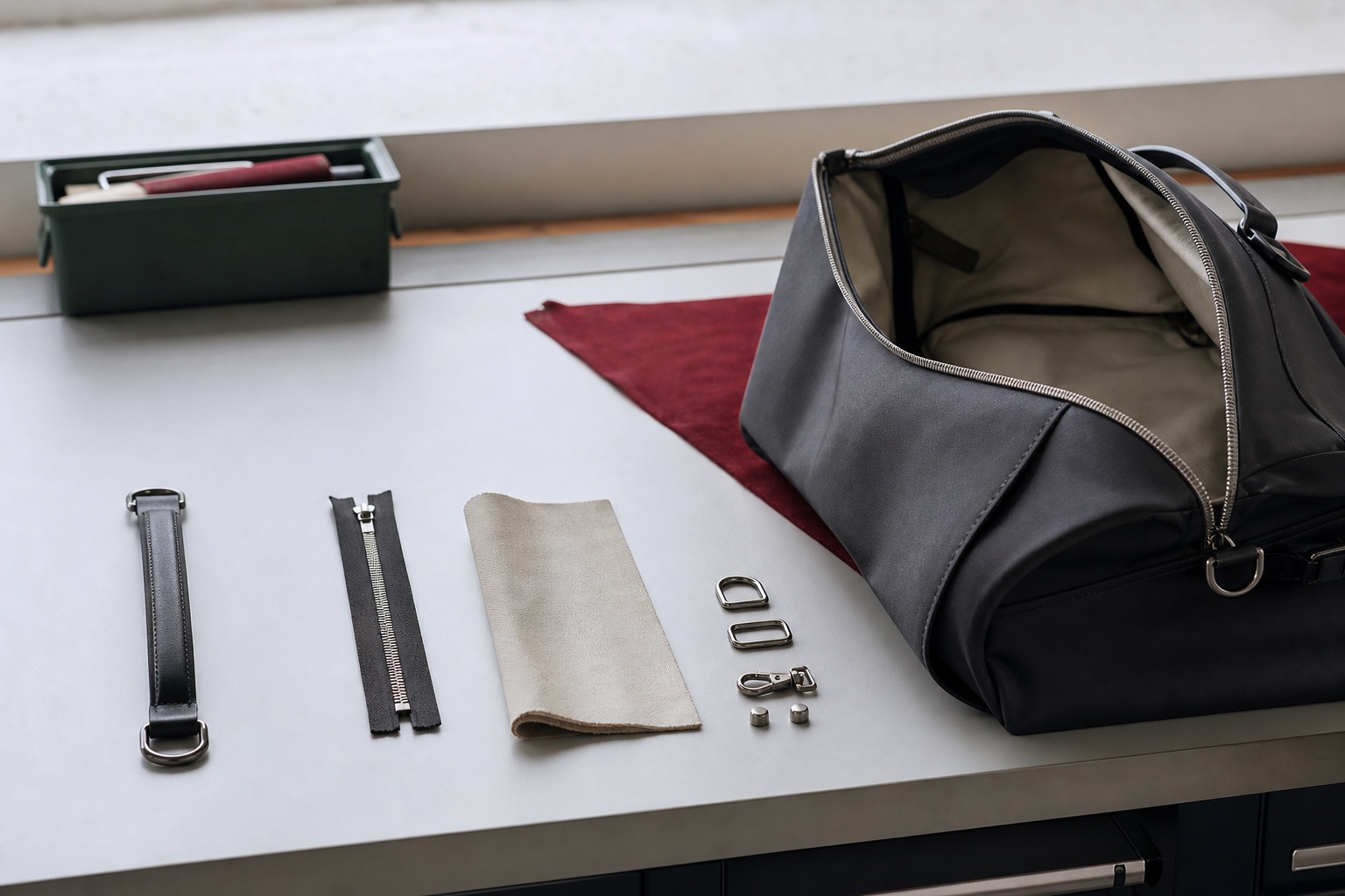 Borsa neutra aperta accanto a zip, manico e piccoli componenti sostituibili disposti su un banco di manutenzione.