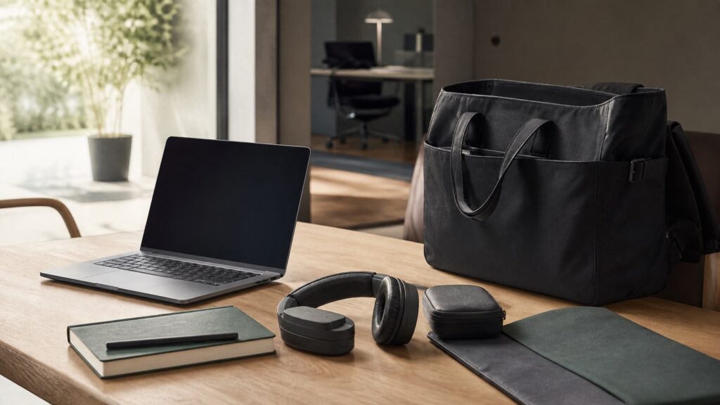 Sistema professionale portatile con laptop, taccuino, cuffie e custodie disposto tra una scrivania domestica e una borsa aperta.