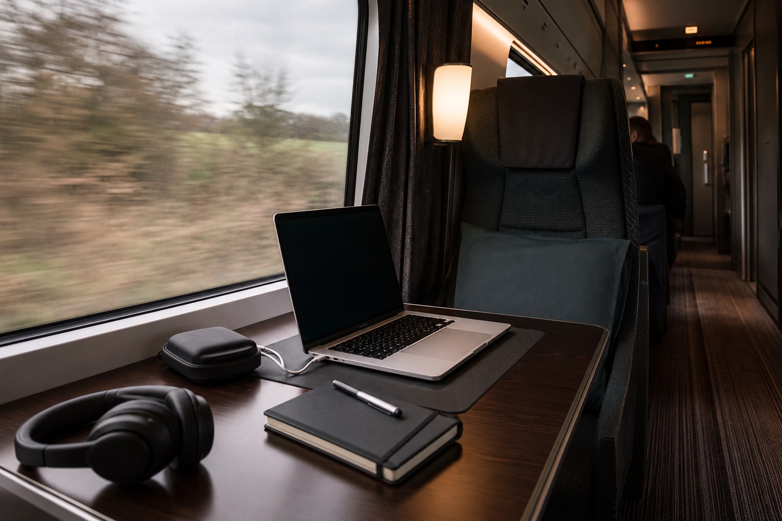 Postazione mobile essenziale con laptop, alimentatore e cuffie organizzata su un tavolo da viaggio senza dati visibili.